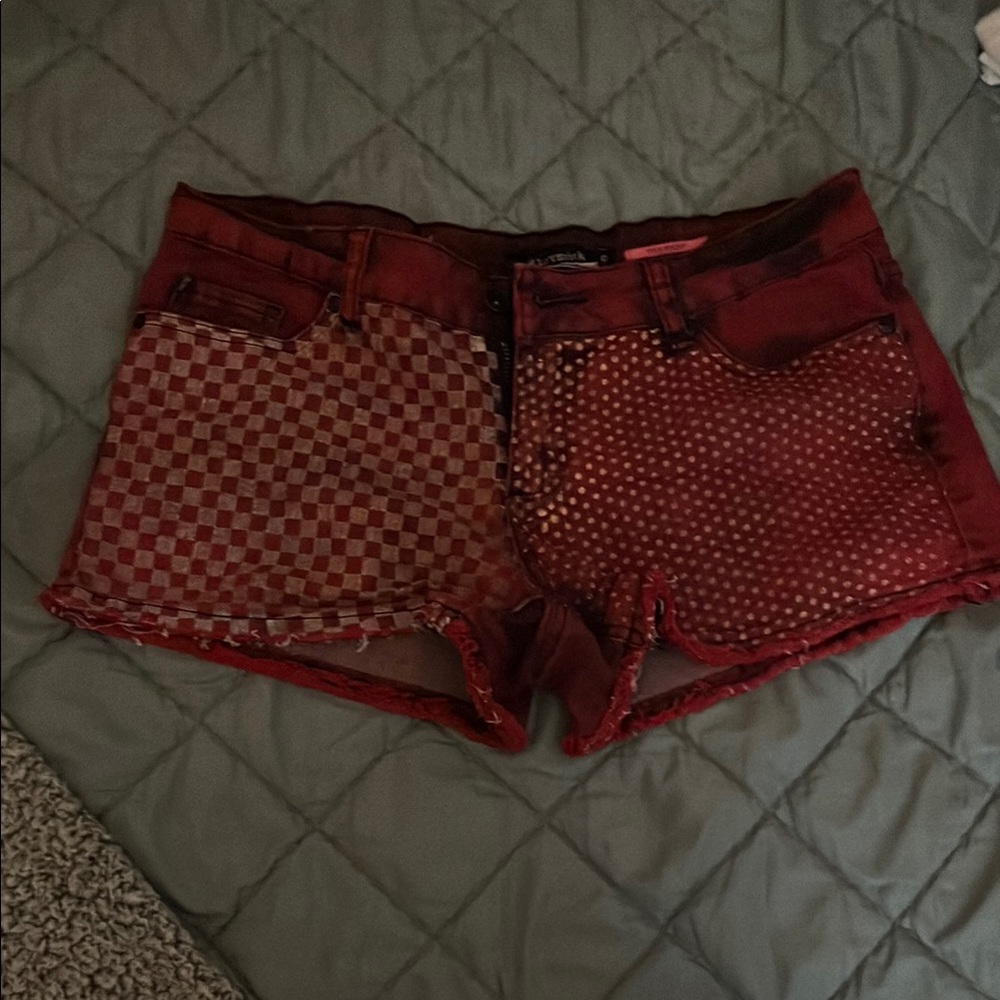 Red Checkered and Dotted Denim Shorts